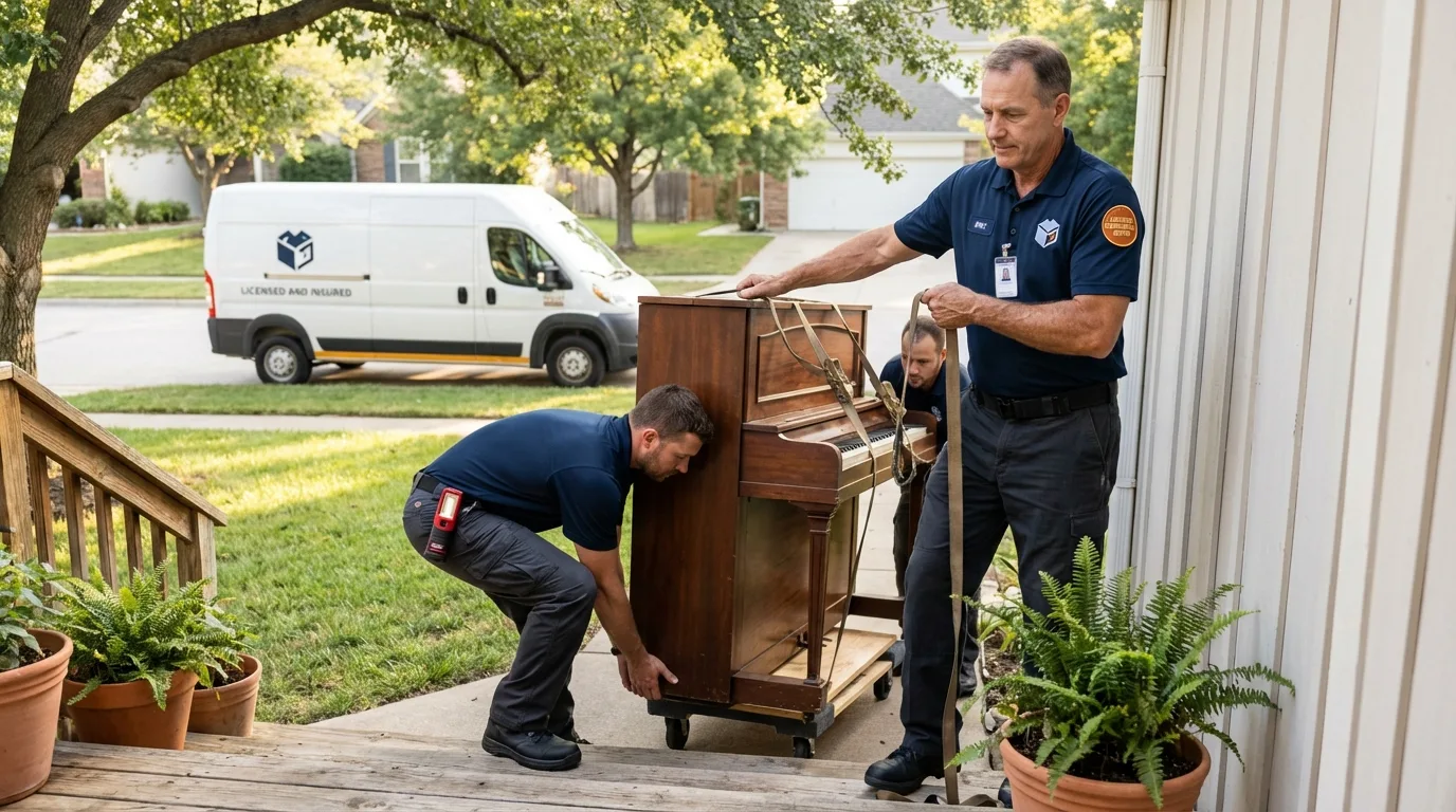 Licensed piano movers securing grand piano in South Fulton, TN