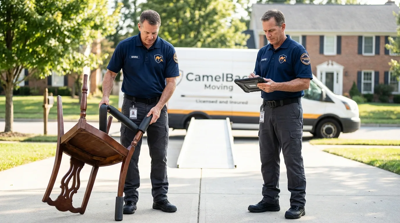 Movers inspecting furniture for damage prevention before loading in South Fulton, TN