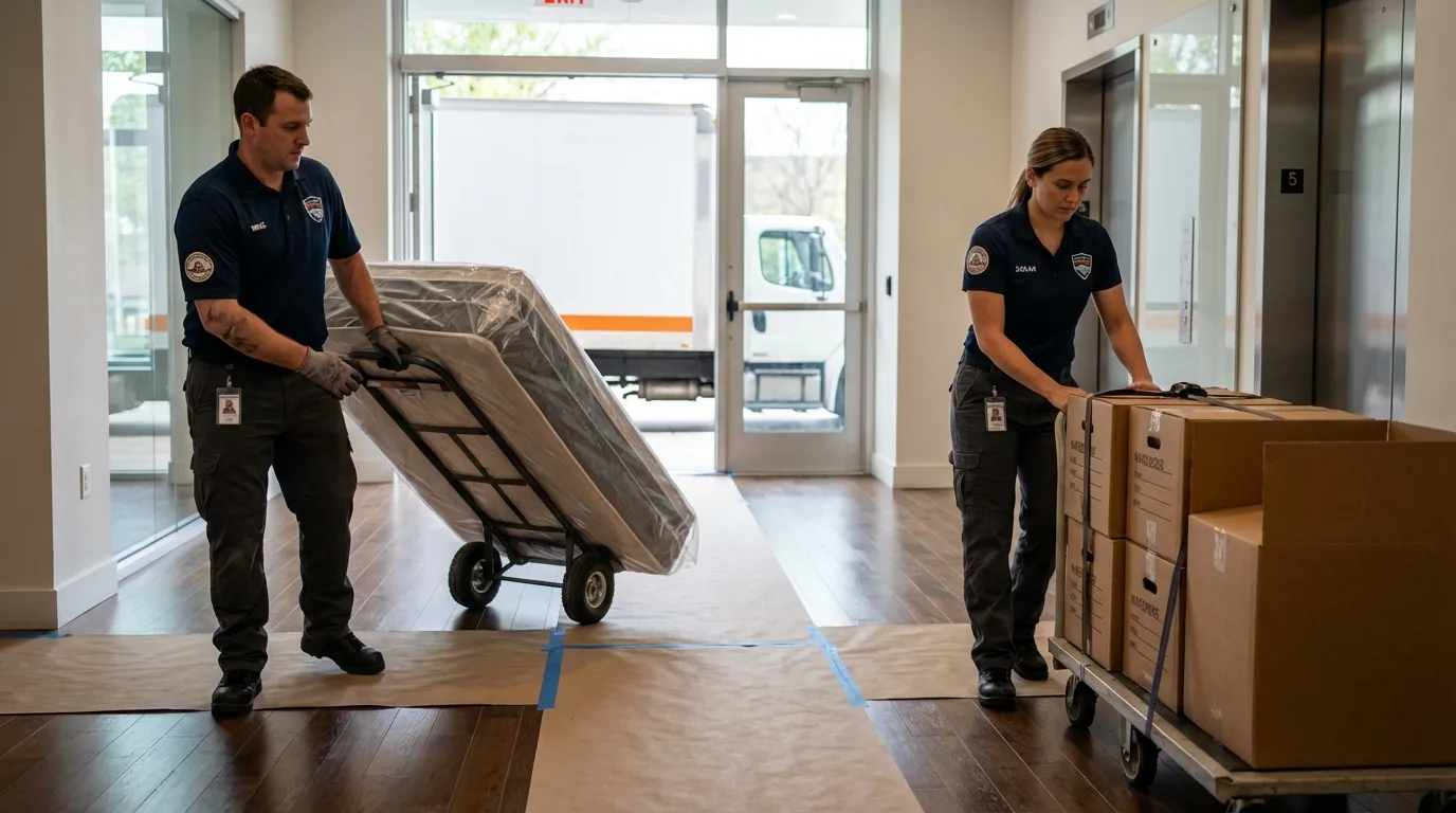 Professional apartment movers loading elevator in South Fulton, TN