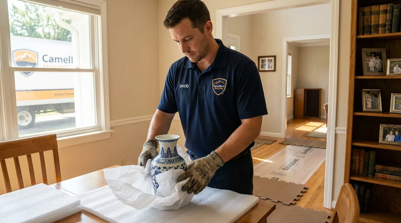 Professional crew carefully wrapping antique vase for senior downsizing move in South Fulton, TN